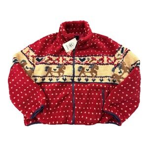 Cider Teddy Fleece Jacket XL Red Fair Isle Horse Print Zip Up NWT